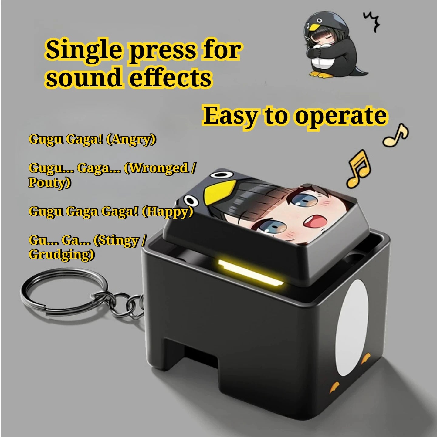 Guguga Penguin Button Voice Keychain Fidget Toy Stress Relief Squishy Sound Press Pendant Funny Gift for Kids Adults Bag Charm